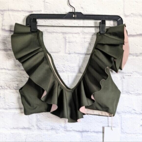 Ancora My Indulgent Bolero Bikini Top L Olive Green Pink NEW Ruffle Swimsuit - Picture 3 of 7